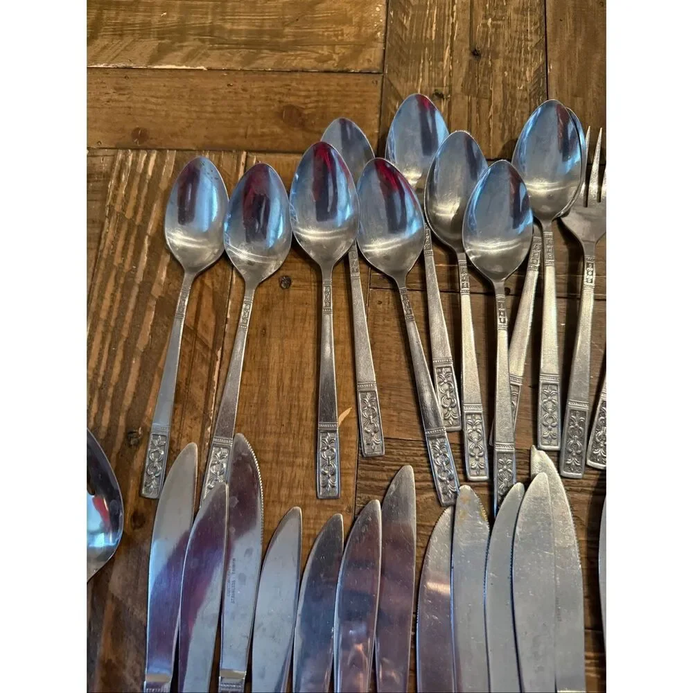 Vintage Custom Craft Stainless Steel Flatware 52PCs Fleur De Lis Mid Century MCM